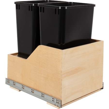 Hardware Resources Dbl 50 Quart Wood Bottom-Mount Soft-Close Trashcan Rollout For Hinged Doors, Includes 2 Black Cans CAN-WBMD5018B